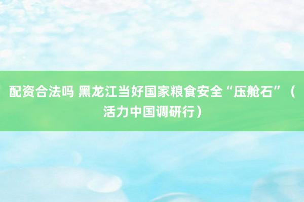 配资合法吗 黑龙江当好国家粮食安全“压舱石”（活力中国调研行）